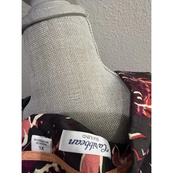 Caribbean Men's Silk Blend Short Sleeve Black Pink Shirt Tropical Print SZ XL - Picture 3 of 3